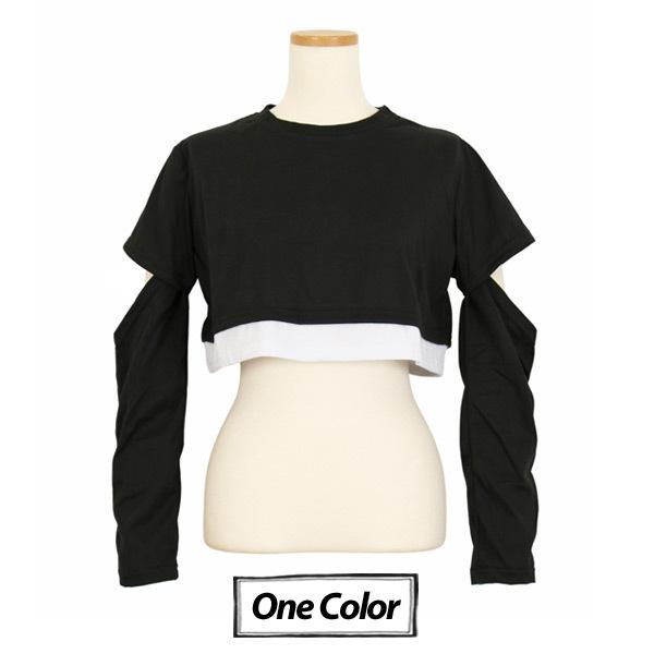 ロンT  ショート丈トップス  長袖 黒 重ね着風 トップス ダンス 衣装 ヒップホップ コスチューム 韓国ファッション 大きいサイズ 個性的 服 |  | 11