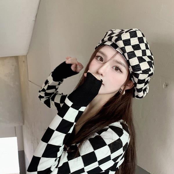 ベレー帽 チェッカー柄 ブロックチェック柄 コーデュロイ 帽子