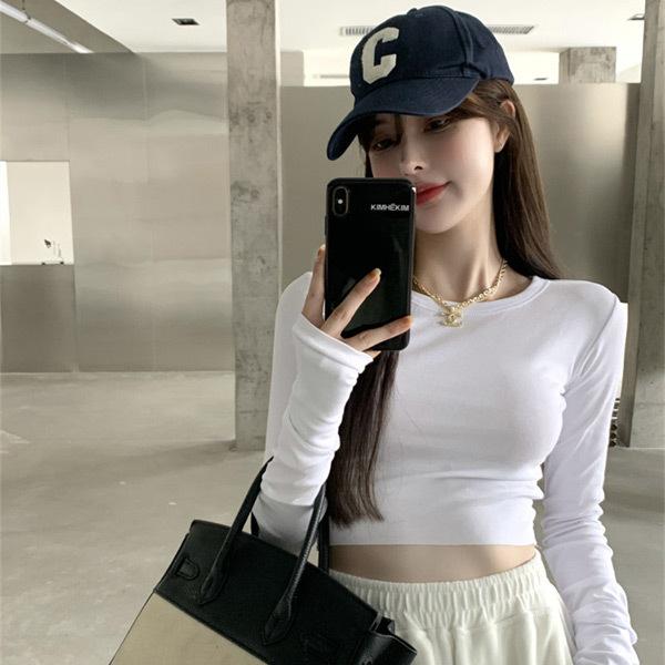 【送料無料】 Tシャツ ショート丈 クロップド丈 トップス 長袖  ロンT チビT ピチT タイトTシャツ 無地T シンプルTシャツ へそ出し 韓国ファッション |  | 03