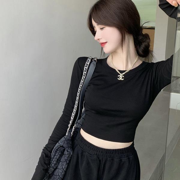 【送料無料】 Tシャツ ショート丈 クロップド丈 トップス 長袖  ロンT チビT ピチT タイトTシャツ 無地T シンプルTシャツ へそ出し 韓国ファッション |  | 05