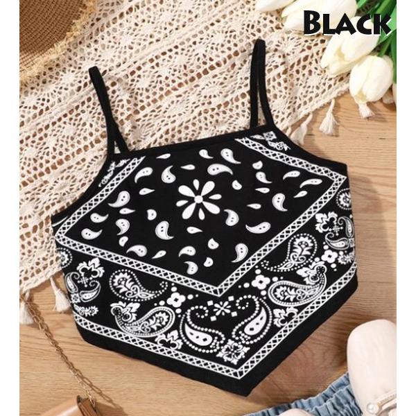 【11/10値下げしました】manipuri バンダナ柄キャミソール black キッズ キャミソール ペイズリー柄 バンダナ柄 ショート丈 クロップド