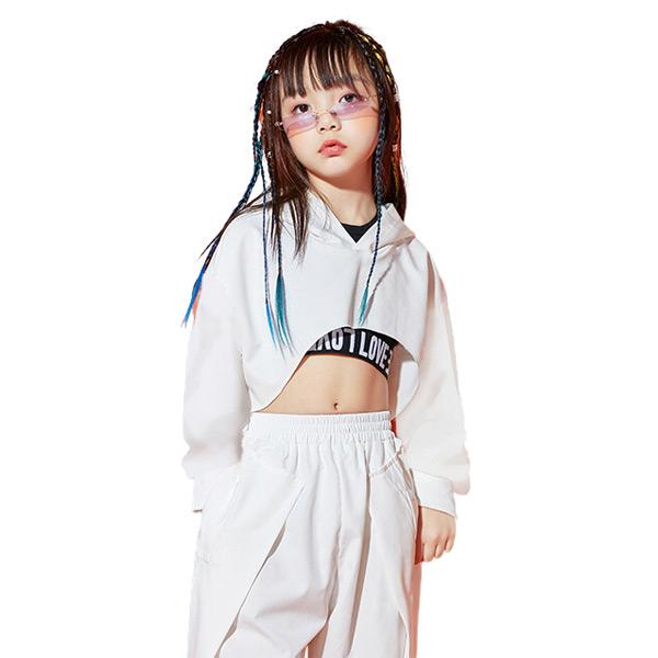 キッズ パーカー クロップド丈 ショート丈 バスト丈 胸出し 長袖 トップス 白 無地 ダンス 衣装 コスチューム ジュニア 子供服 女の子 120 130 140 150 | 