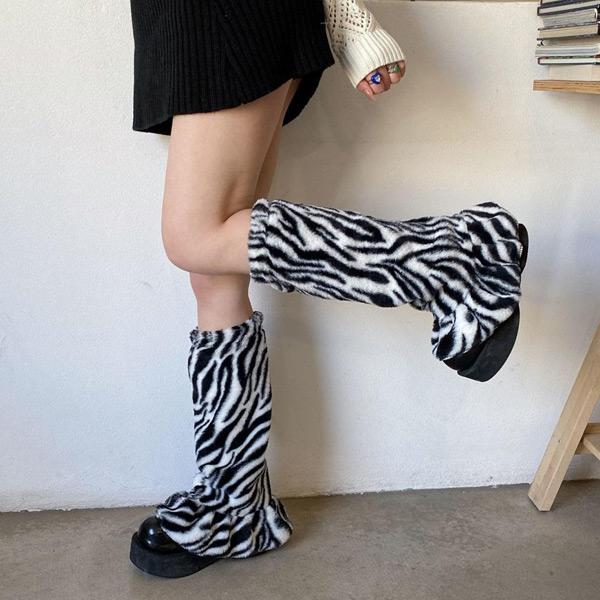 レッグウォーマー ゼブラ柄 ダルメシアン柄 エコファー フリル付き