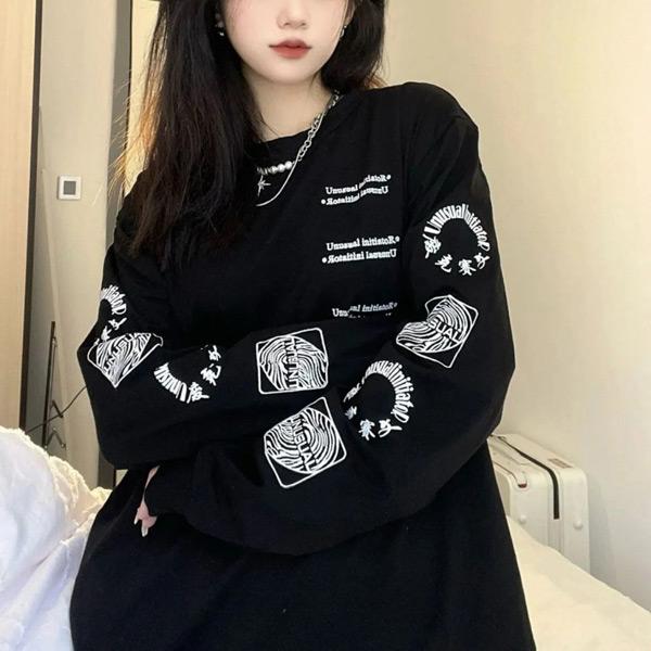 ロンT ロゴプリント 袖プリント スリーブロゴ ビッグシルエット 黒 ロンティー 長袖 Tシャツ ダンス 衣装 ヒップホップ 大きいサイズ トップス | 