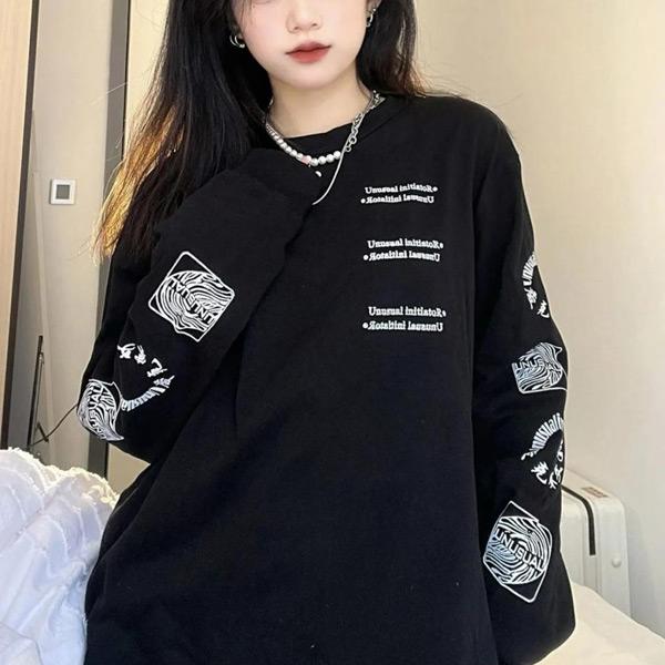 黒 長袖カットソー ロゴ付き ロンT ロゴプリント 袖プリント スリーブロゴ ビッグシルエット