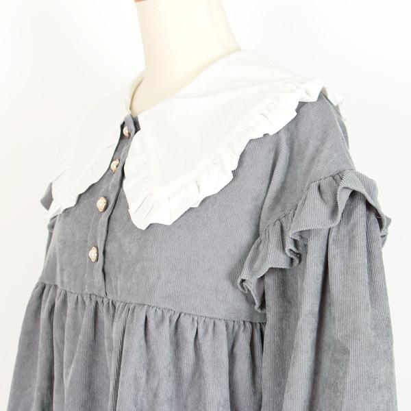 フリルワンピース 大きめ襟 パフスリーブ 長袖 膝丈 グレー ダンス