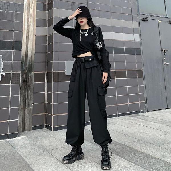 カーゴパンツ ワイドパンツ ハイウエスト ウエストゴム 裾ドロスト 黒