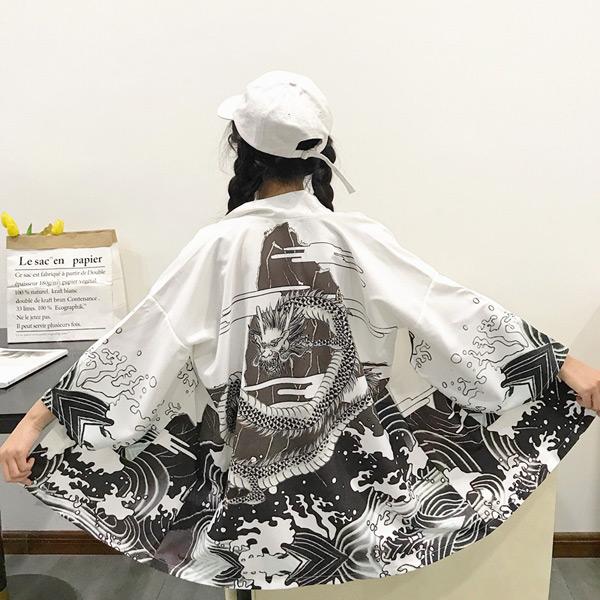 はっぴ 法被 龍 ドラゴン 羽織り 半纏 竜 波 海 和柄 和風 白 黒