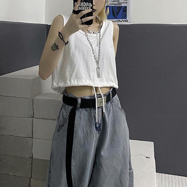 ノースリーブ ショート丈トップス ドロスト 裾絞り タンクトップ