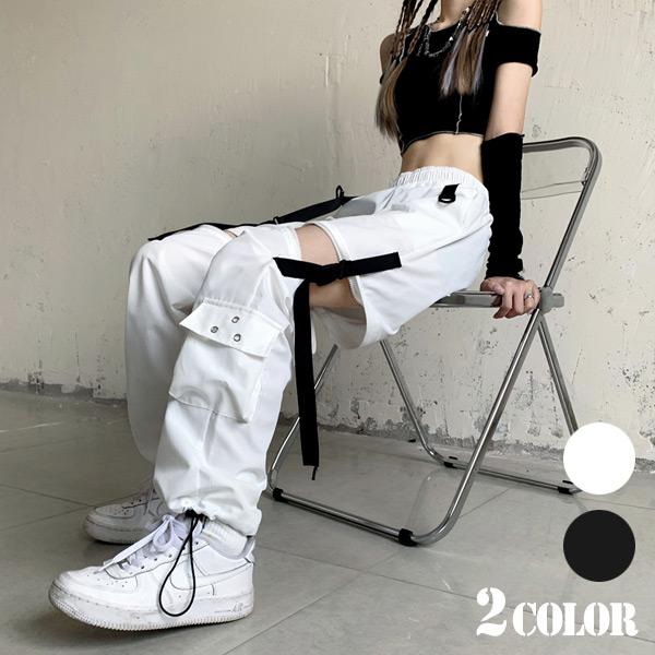 カーゴパンツ ワイドパンツ バックルベルトストラップ 2WAY ジッパー 裾ドロスト ダンス 衣装 ヒップホップ 韓国ファッション 個性的 パンツ | 