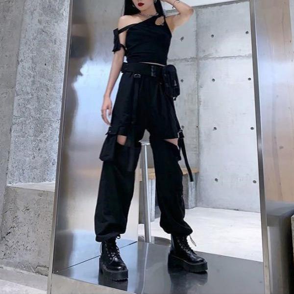 カーゴパンツ ワイドパンツ バックルベルトストラップ 2WAY ジッパー 裾ドロスト ダンス 衣装 ヒップホップ 韓国ファッション 個性的 パンツ |  | 07