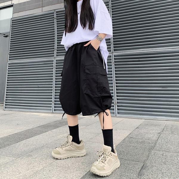 ハーフパンツ ショート丈 カーゴパンツ ワイド ウエストゴム 黒 紫色