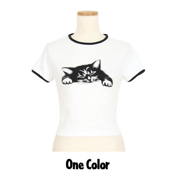 Tシャツ 猫プリント ショート丈 リンガーTシャツ ミニTシャツ チビT 白