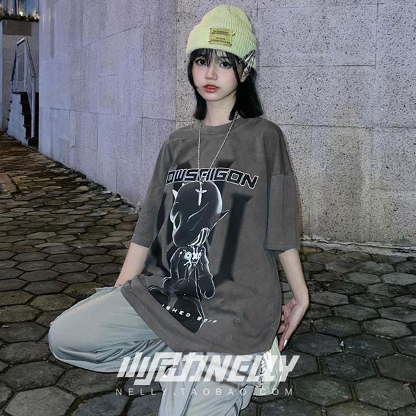 Tシャツ キャラクタープリント ビッグシルエットT 半袖T グレー