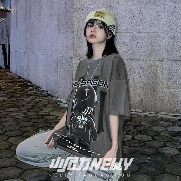 Tシャツ キャラクタープリント ビッグシルエットT 半袖T グレー