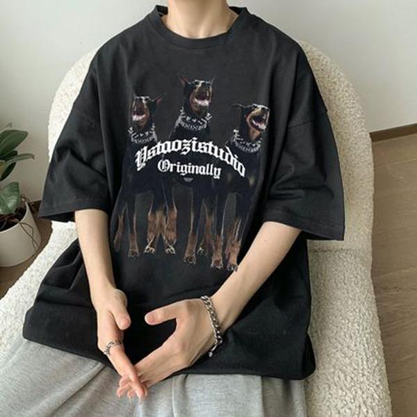 Tシャツ DOGプリント ビッグシルエットT 半袖T 犬 ドーベルマン ロゴ