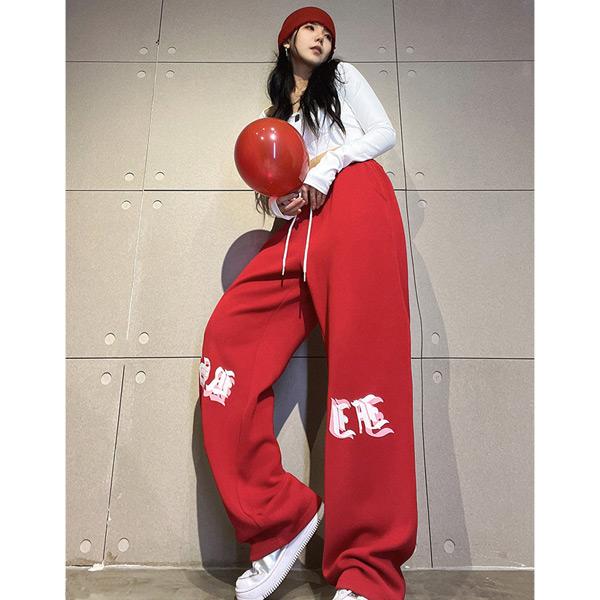 ワイドパンツ ロゴプリント レッド ドロストパンツ ジャージパンツ 裾