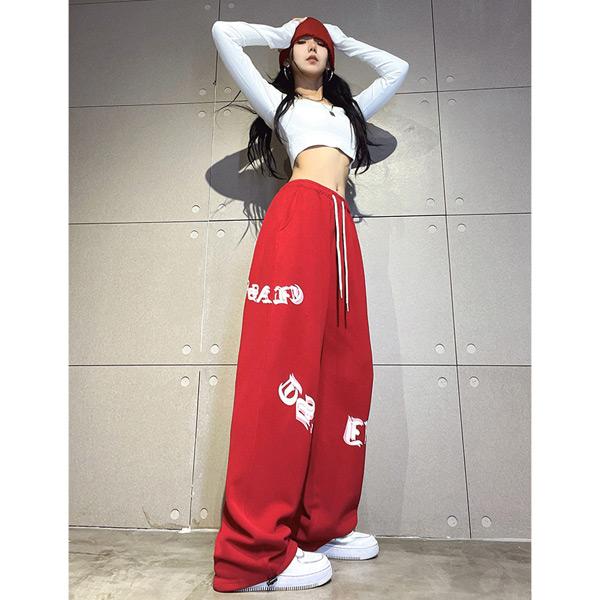 ワイドパンツ ロゴプリント レッド ドロストパンツ ジャージパンツ 裾