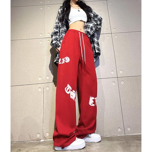 ワイドパンツ ロゴプリント レッド ドロストパンツ ジャージパンツ 裾