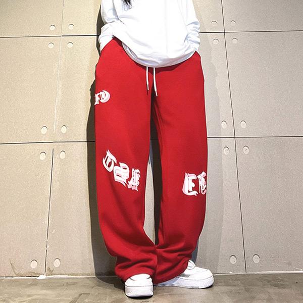 ワイドパンツ ロゴプリント レッド ドロストパンツ ジャージパンツ 裾