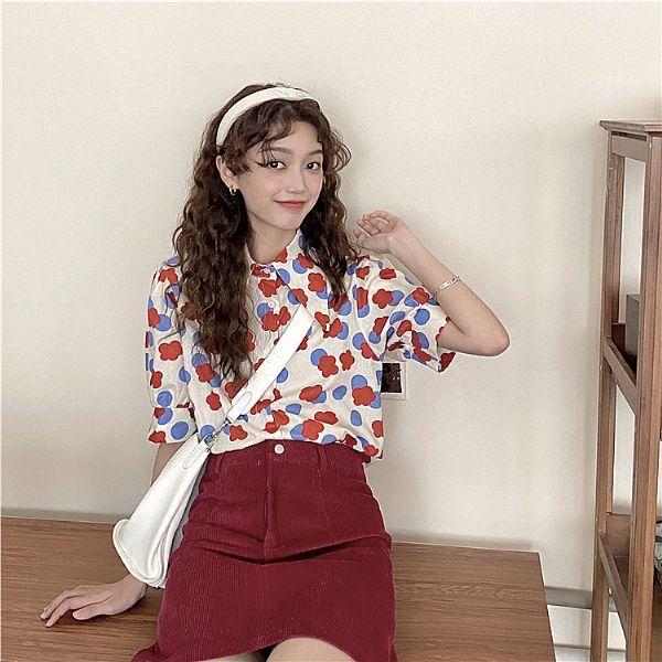 柄シャツ コインドットと丸いお花のパフスリーブシャツ トップス