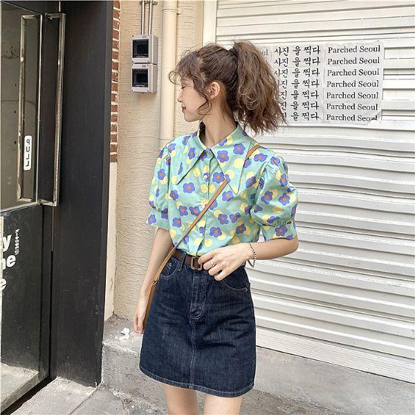 柄シャツ コインドットと丸いお花のパフスリーブシャツ トップス