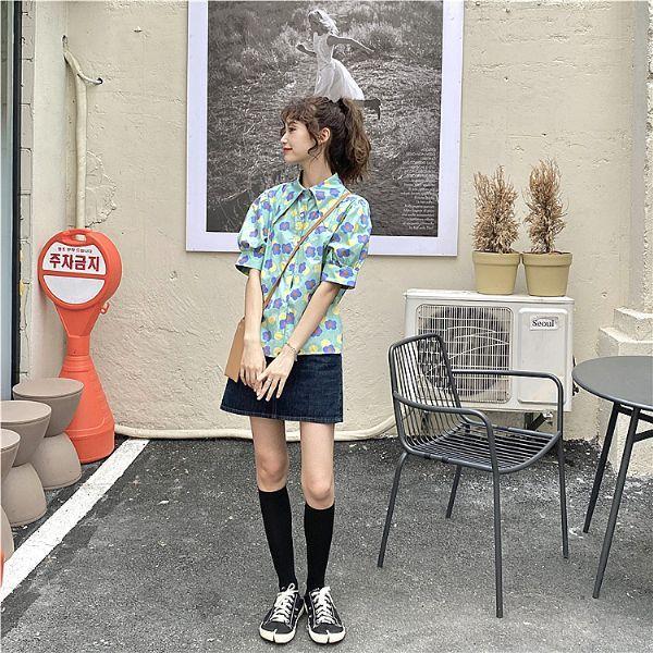 柄シャツ コインドットと丸いお花のパフスリーブシャツ トップス