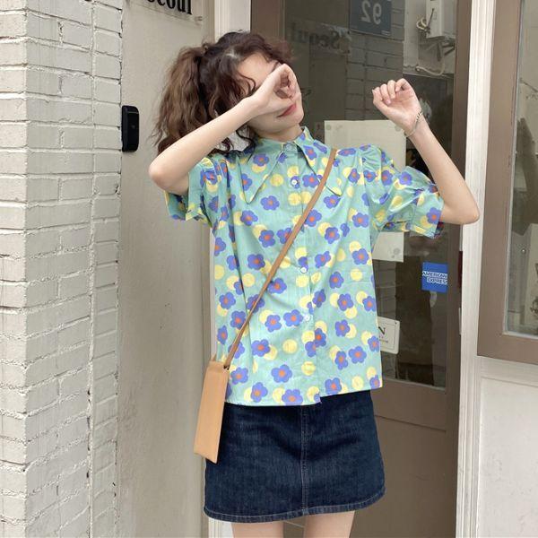 SOOR PLOOM 花柄パフスリーブTシャツ 2Y トップス 柄シャツ コインドットと丸いお花のパフスリーブシャツ トップス