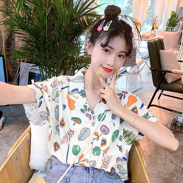 即納あり】 柄シャツ 植物柄 野菜柄 フレンチスリーブ オープンカラー