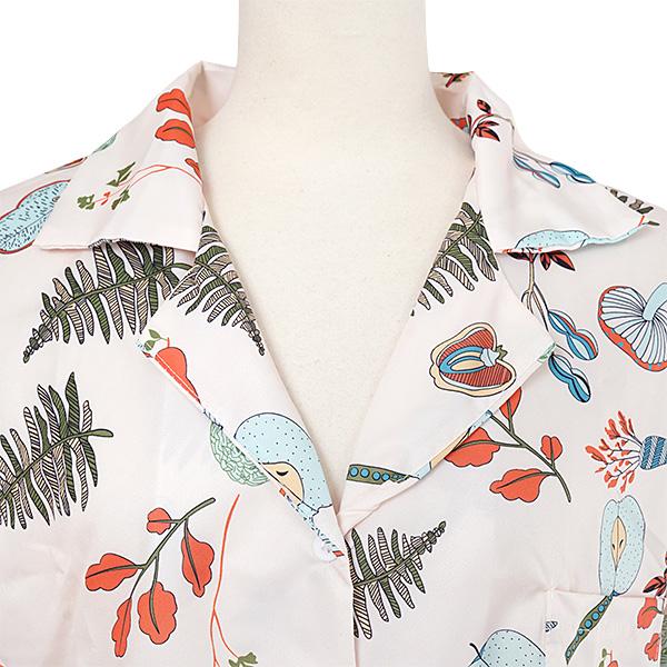 夏 デザイン フレンチ シャツ シャツ 上着 ショート丈 袖あり 半袖 フレンチスリーブ ラウンドネック 襟なし スリム 細身 前開き ボタン 異素材MIX かわいい 大人可愛い シンプル カジュアル お洒落 こなれ感 スポーティー 個性的 モダン 無地 夏 レディース 女性用 ママ 即納あり】 柄シャツ 植物柄 野菜柄 フレンチスリーブ オープンカラー
