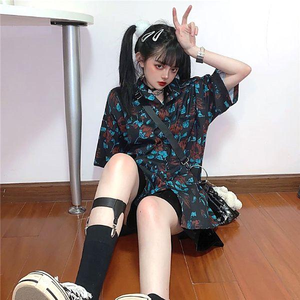 柄シャツ ダーク ローズ 薔薇 ビッグシルエット 半袖 シャツ ダンス