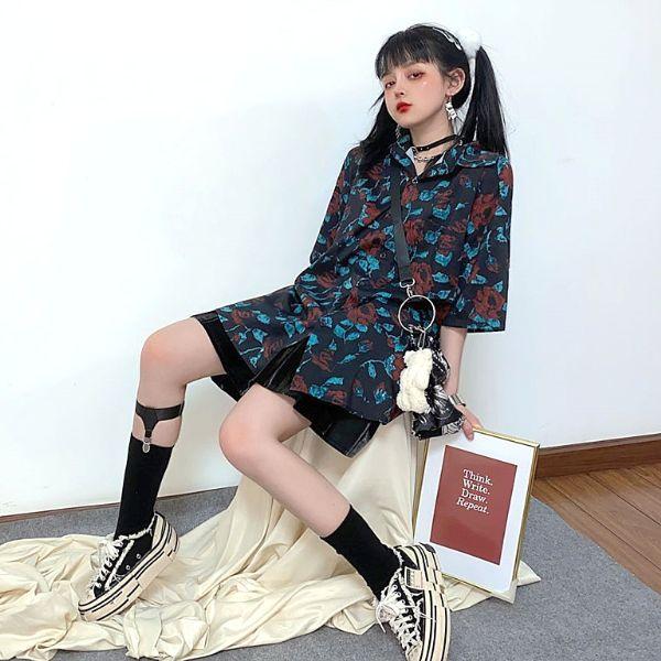 柄シャツ ダーク ローズ 薔薇 ビッグシルエット 半袖 シャツ ダンス