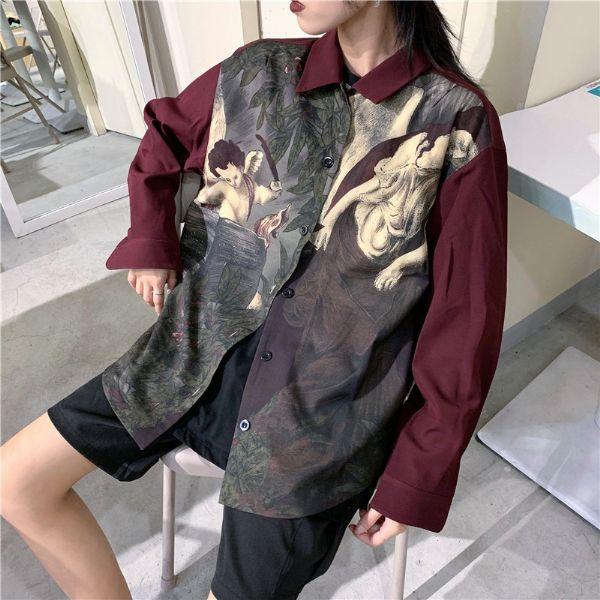 柄シャツ 天使 アート ワインレッド ダークカラー 長袖 シャツ ダンス