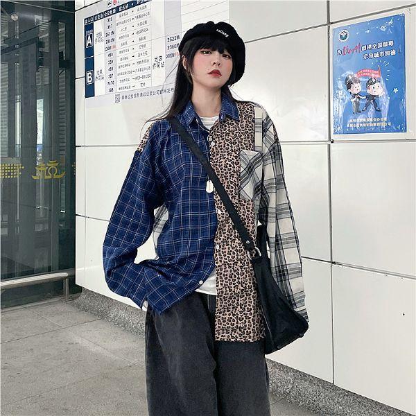 柄シャツ チェック柄 ヒョウ柄 異素材ミックス ビッグシルエット 長袖