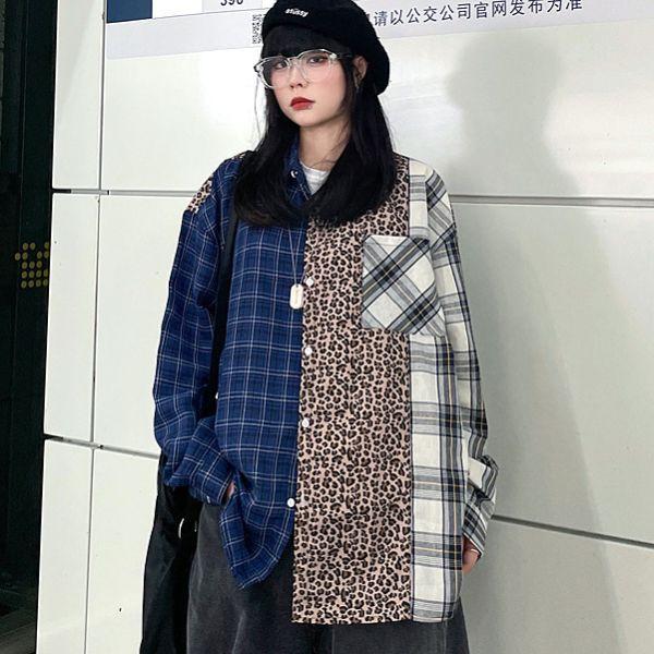 柄シャツ チェック柄 ヒョウ柄 異素材ミックス ビッグシルエット 長袖