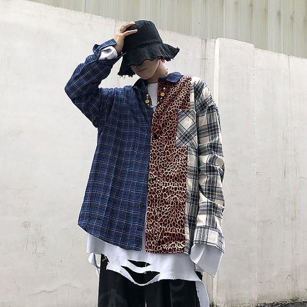 柄シャツ チェック柄 ヒョウ柄 異素材ミックス ビッグシルエット 長袖