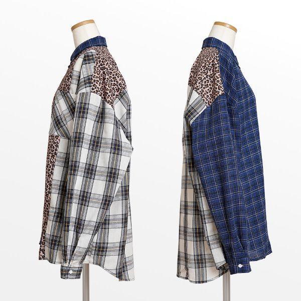 柄シャツ チェック柄 ヒョウ柄 異素材ミックス ビッグシルエット 長袖