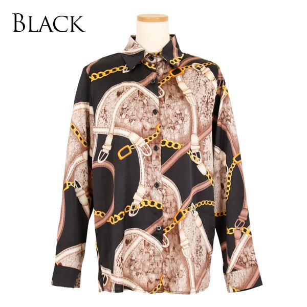 柄シャツ ベルトチェーン柄 長袖 スカーフ柄 きれいめ 総柄 シャツ