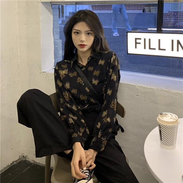 柄シャツ バタフライ柄 蝶々柄 黒 レトロ 長袖 シャツ ブラウス ダンス 