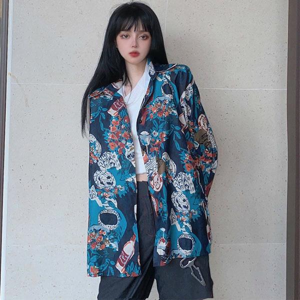 柄シャツ レトロ アート ブルー 長袖 花柄 シャツ ダンス 衣装 ヒップ