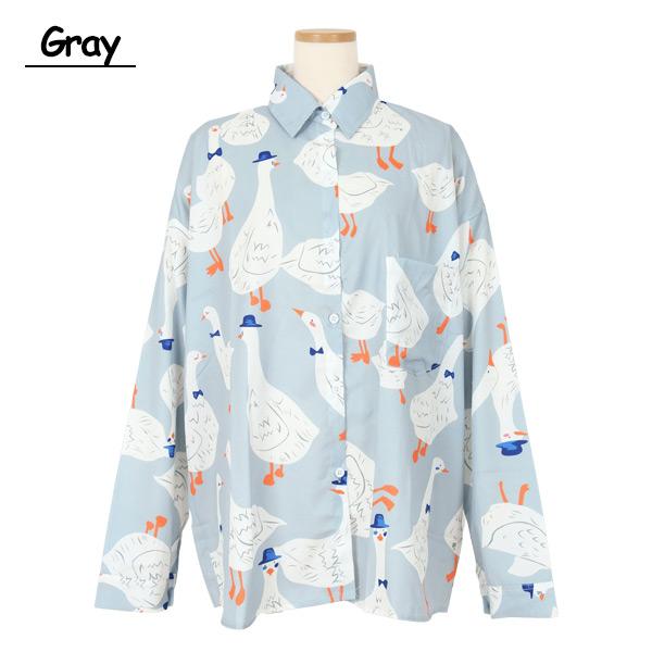 柄シャツ DUCKプリント 長袖 ビッグシルエット アヒル柄 シャツ ダンス