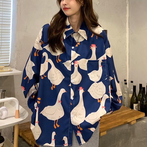 Burberrys 長袖シャツ 総柄 アヒル シルク 40 柄シャツ DUCKプリント 長袖 ビッグシルエット アヒル柄 シャツ ダンス