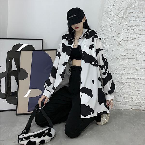 柄シャツ COW柄 オーバーサイズ 牛柄 モノトーン 長袖 ダンス 衣装