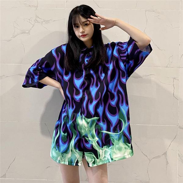 柄シャツ 炎柄 ファイヤー柄 ビッグシルエット 燃える 半袖 シャツ 黒
