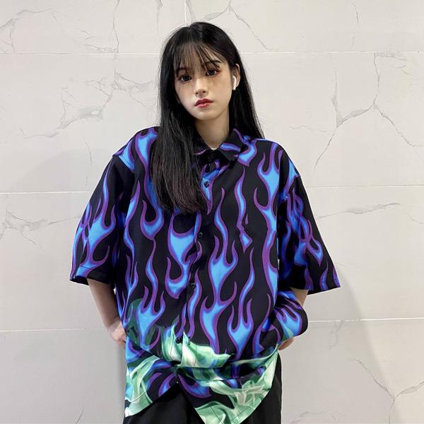 D*B様 no boundaries 総柄半袖シャツ フレイム柄 炎 ターコイズ 柄シャツ 炎柄 ファイヤー柄 ビッグシルエット 燃える 半袖 シャツ 黒