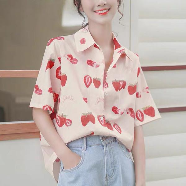 柄シャツ イチゴ柄 ピンク 半袖 いちご柄 苺 スイーツ柄 オーバー