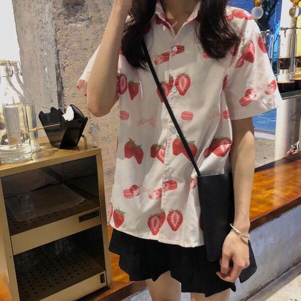 即納あり 柄シャツ イチゴ柄 ピンク 半袖 いちご柄 苺 スイーツ柄