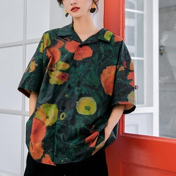 柄シャツ ボタニカル柄 オープンカラーシャツ レトロ 絵画風 半袖