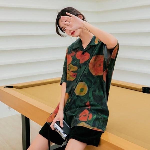 柄シャツ ボタニカル柄 オープンカラーシャツ レトロ 絵画風 半袖