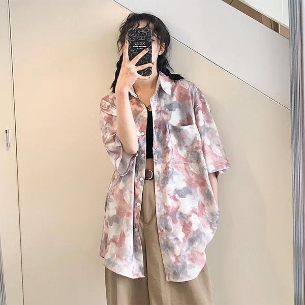 柄シャツ タイダイ柄 ビッグシルエット 半袖シャツ ピンク グレー 
